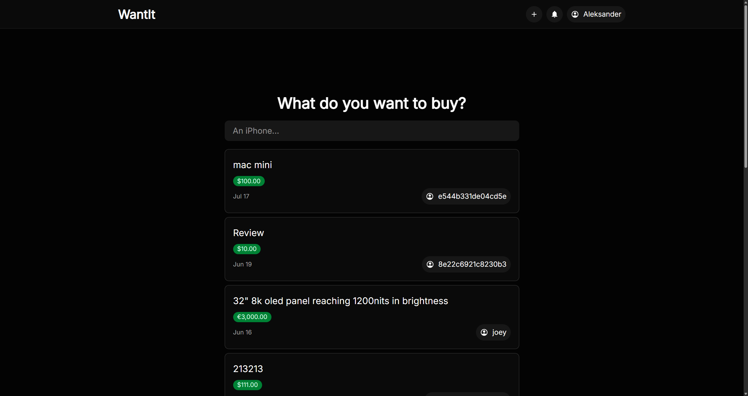 Zrzut ekranu z aplikacji internetowej WantIt